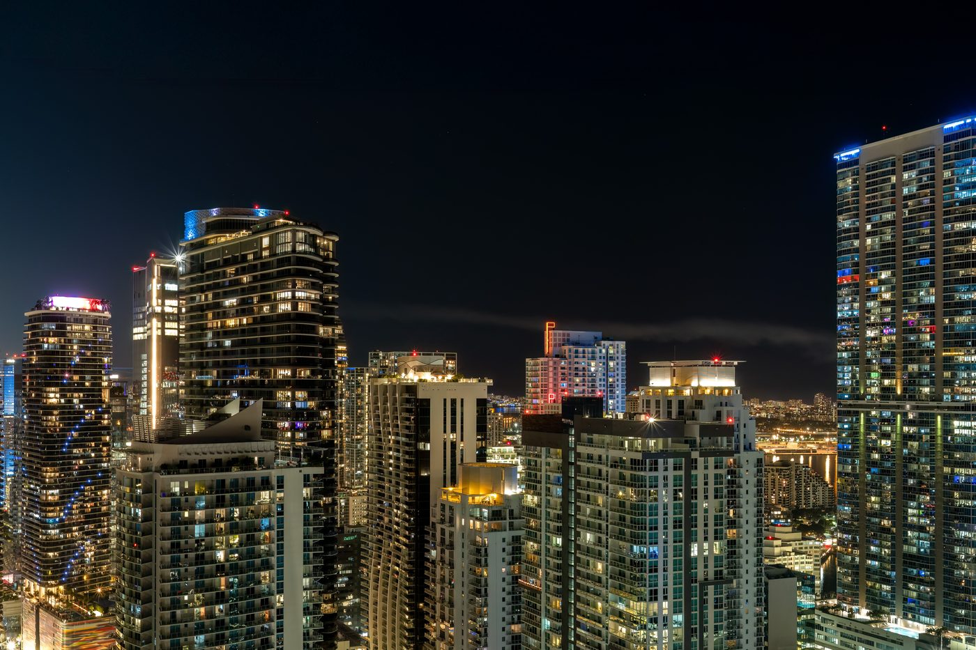 The towers of Brickell, Miami's financial district, lit at night